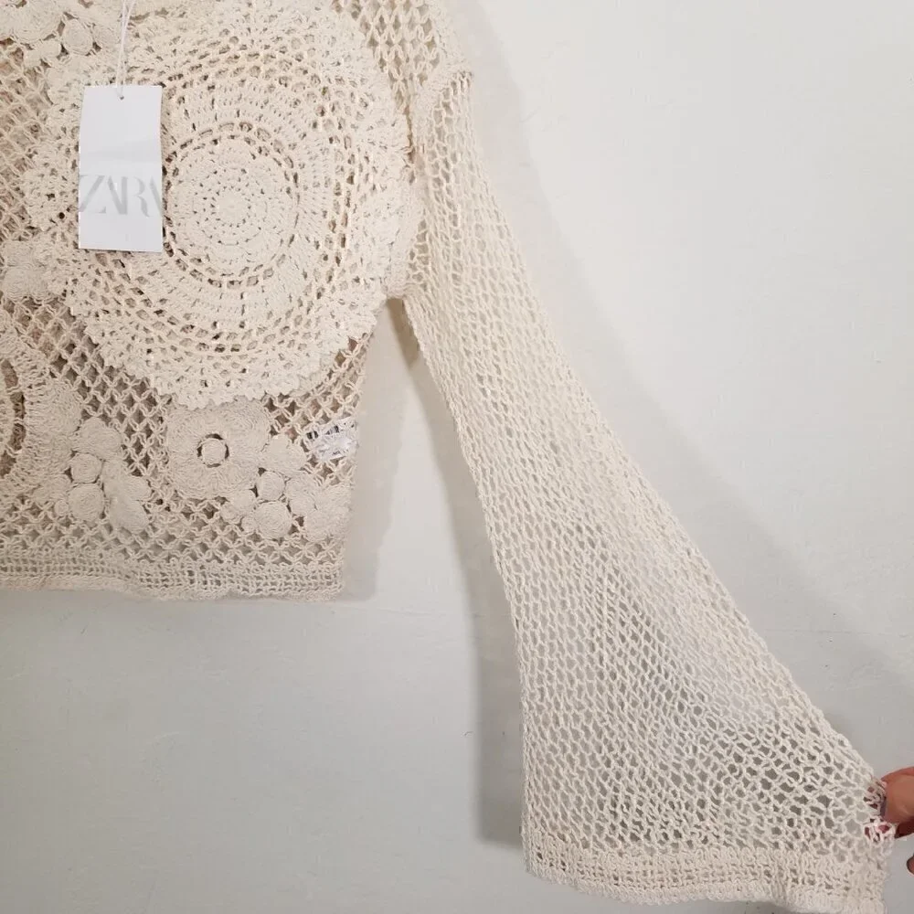 Zara Crochet Long Sleeve Cropped Top Cream Size S - Picture 3 of 6
